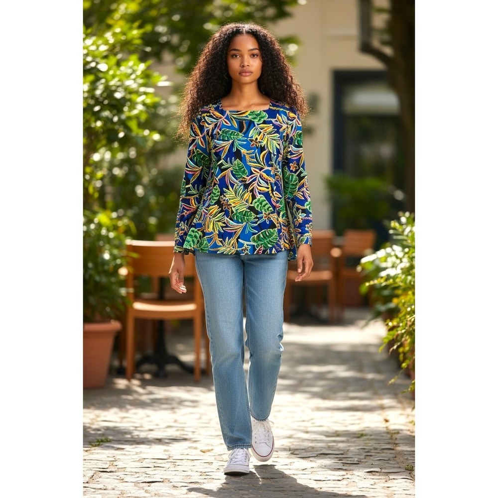 (I-260)Attitudes by Renee Tunic Top XS Blue Tropical Print Pockets Stretch QVC